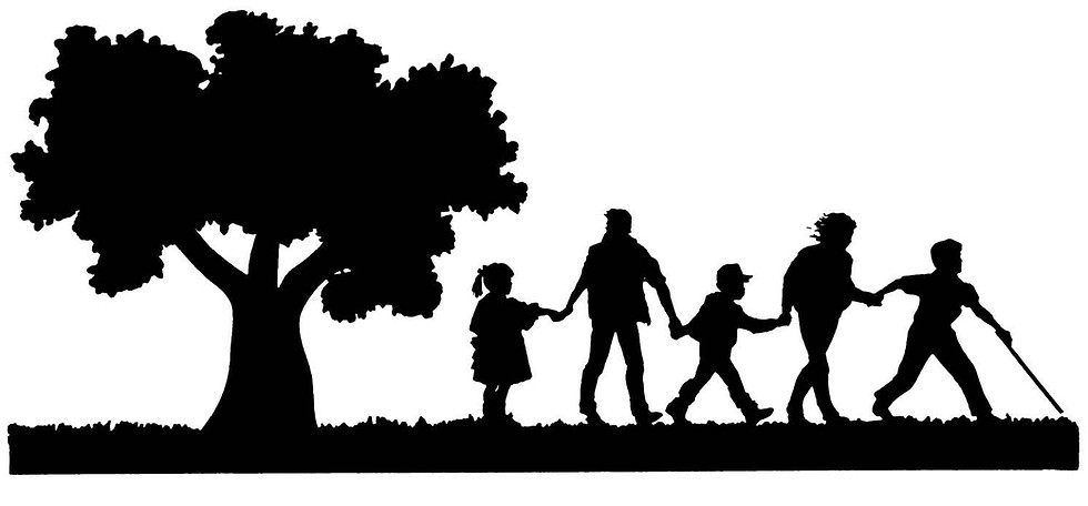 SDSBVI Logo: Silhouette of a group of two adults and three children walking hand in hand away from a big oak tree, led by a child using a long cane.