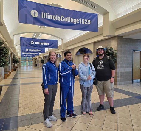 Team SD in the hallway of Illinois College, the swim venue of the 2025 North Central Association of Blind Schools (NCASB) Swim and Forensics meet held in Jacksonville, IL.